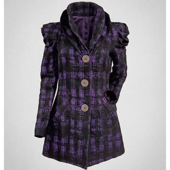 Samuel Dong Womens Purple & Black Plaid Puff Sleeve Coat Size S - Picture 2 of 16